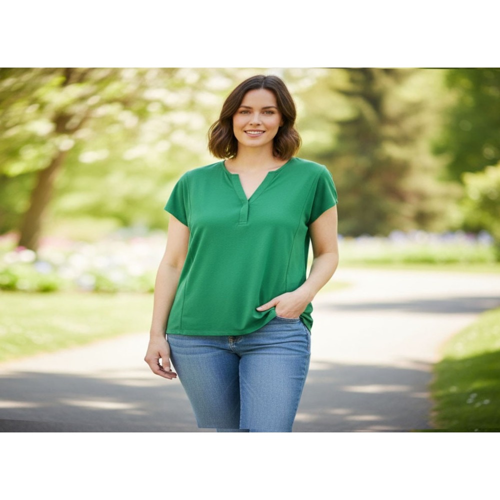 Women Top Nine West Womens Green Split Neck Short Sleeve Blouse  Size XL